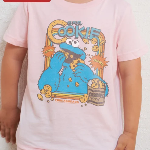 Cookie Monster C Is For Cookie Kids Tee Retro Vintage Sesame Street Toddler Shirt on a hanger, ready to ship from Chicago, Illinois