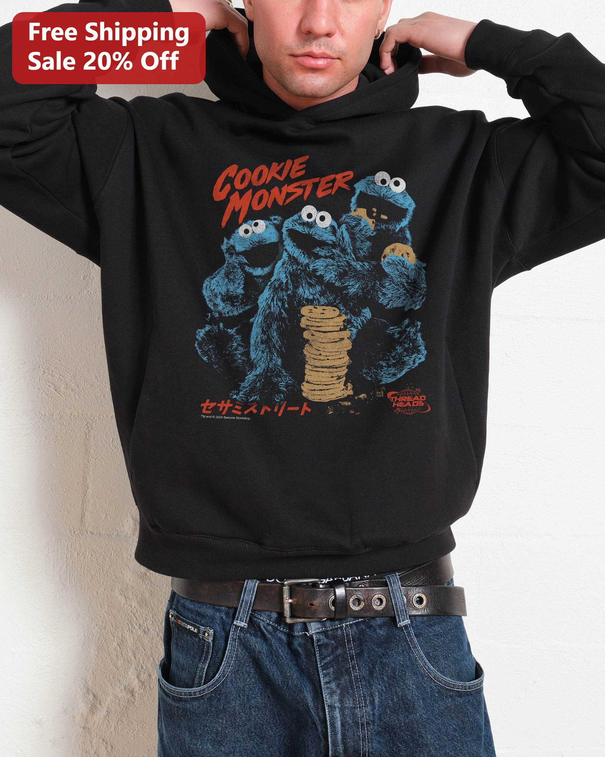 Cookie Monster Sesame Street Hoodie Vintage Distressed Graphic Pullover for Men Women Gift