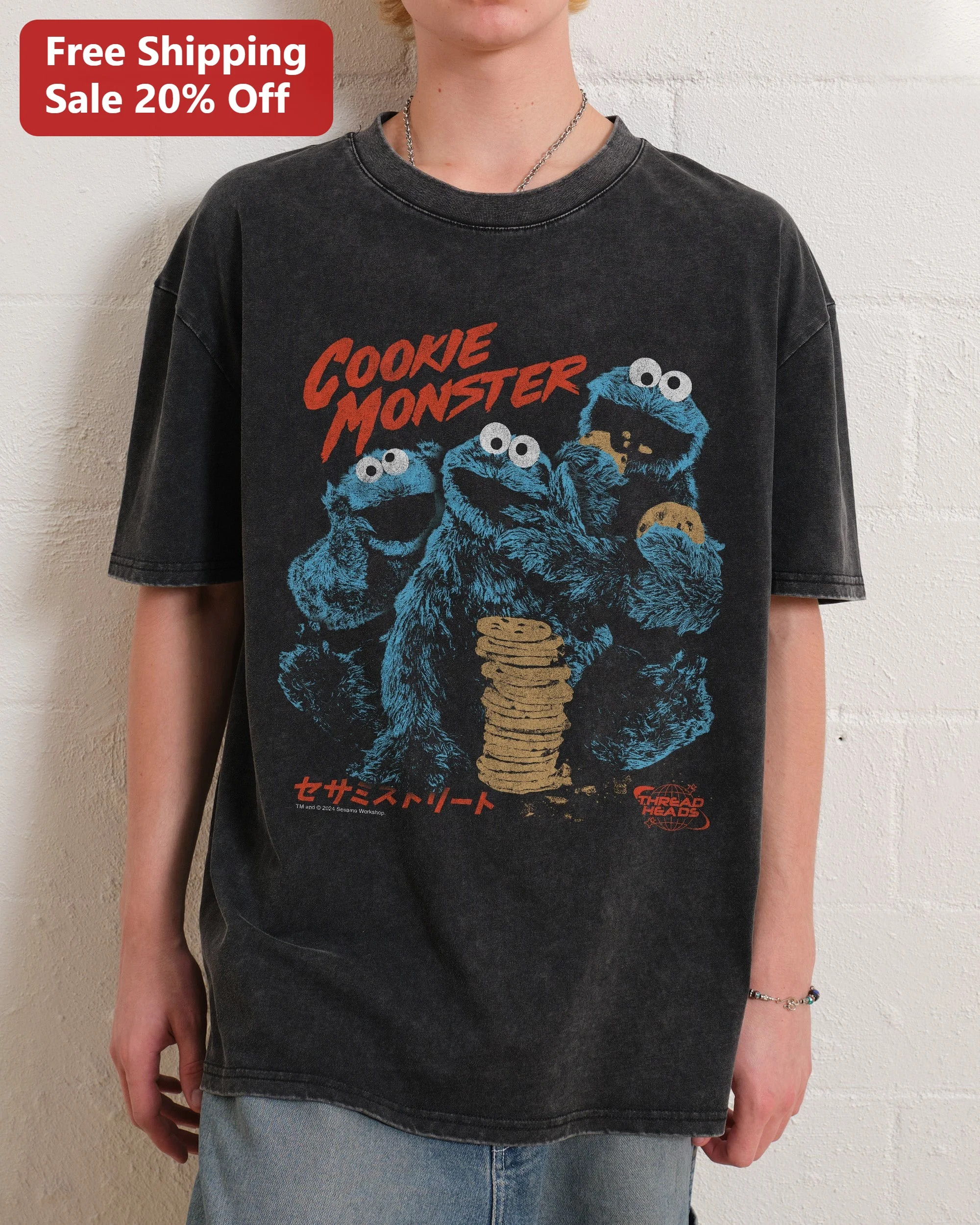 Cookie Monster Vintage Acid Wash Tee Sesame Street Graphic Shirt