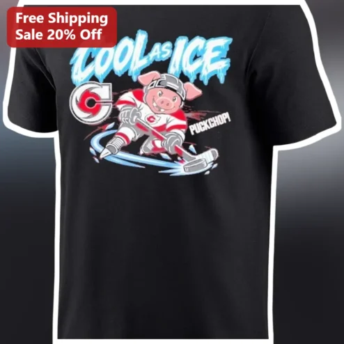 Cool As Ice Puckchop Cartoon Pig Hockey Player Graphic Tee Funny Sports Gift available at our Chicago, Illinois warehouse