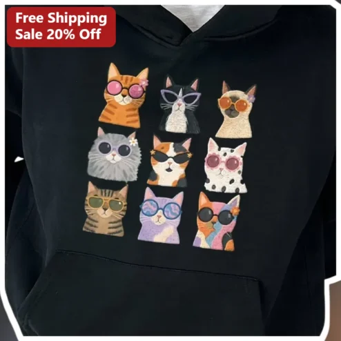 Cool Cats Sunglasses Hoodie Funny Kawaii Cat Lover Streetwear Pullover Gift