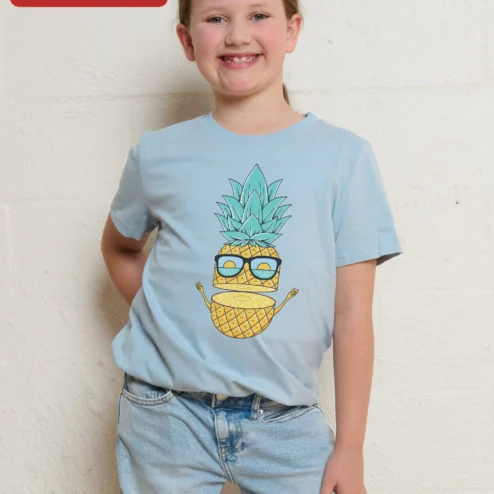Cool Pineapple Sunglasses Kids Tee Funny Tropical Fruit Graphic Shirt for Summer Beach Vacation on a hanger, ready to ship from Chicago, Illinois