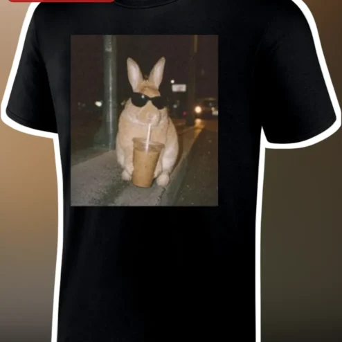Cool Rabbit Drinking Iced Coffee Meme Tee Funny Bunny Sunglasses Graphic Shirt Gift for Coffee Lovers