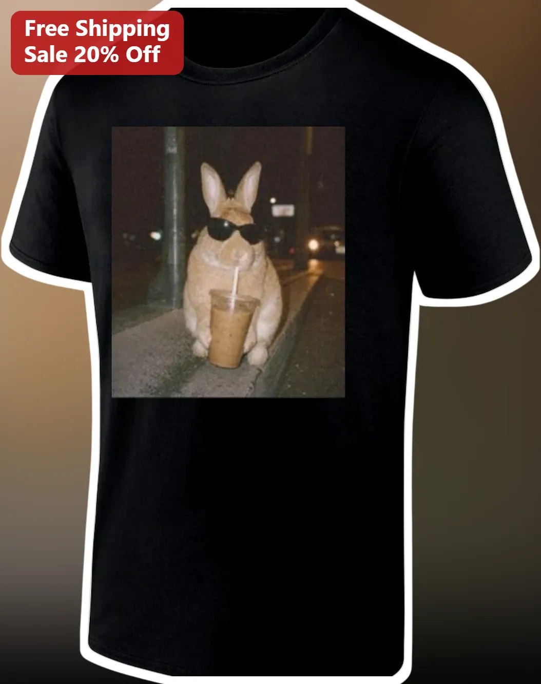 Cool Rabbit Drinking Iced Coffee Meme Tee Funny Bunny Sunglasses Graphic Shirt Gift for Coffee Lovers