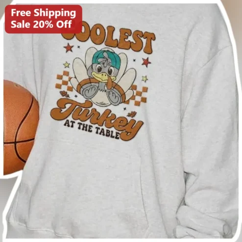 Coolest Turkey At The Table Sweatshirt Funny Thanksgiving Basketball Player Gift Retro Sports Graphic