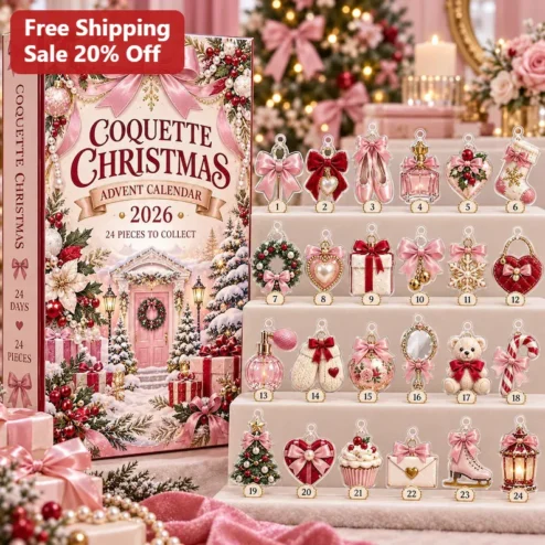 Coquette Christmas Advent Calendar 2026 Pink Acrylic Ornament Set with Bows Ballet Slippers Girly Holiday Countdown Gift