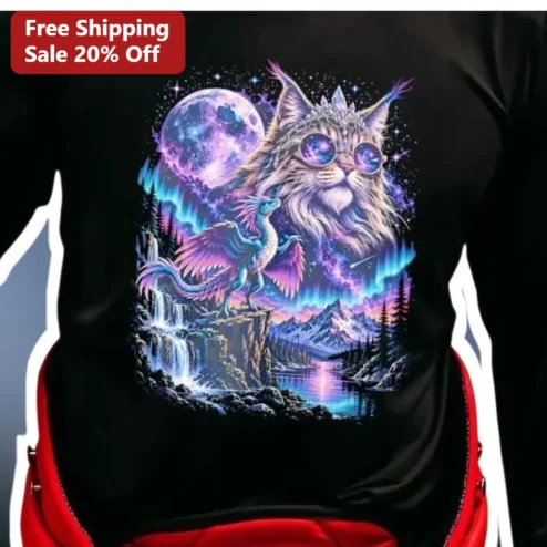 Cosmic Cat and Dragon Fantasy Landscape Tee Psychedelic Maine Coon with Sunglasses Crown Moon Aurora Mountains Waterfall Surreal Animal Art Gift for C