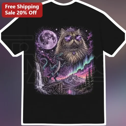 Cosmic Cat Dragon Surreal Graphic Tee Fantasy Space Art Shirt for Cat Lovers