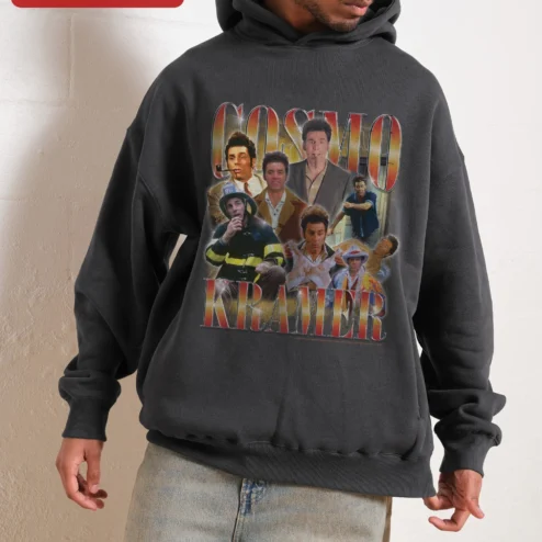 Cosmo Kramer Seinfeld Hoodie Vintage Collage Graphic Pullover for Fans on a hanger, ready to ship from Chicago, Illinois