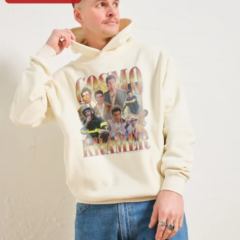 Customer in Chicago, Illinois wearing Cosmo Kramer Seinfeld Hoodie Vintage Collage Graphic Pullover for Fans