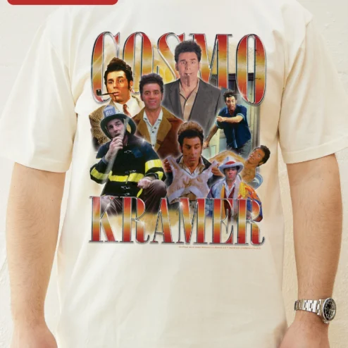 Cosmo Kramer Seinfeld Vintage Collage Graphic Tee for Men and Women on a hanger, ready to ship from Chicago, Illinois