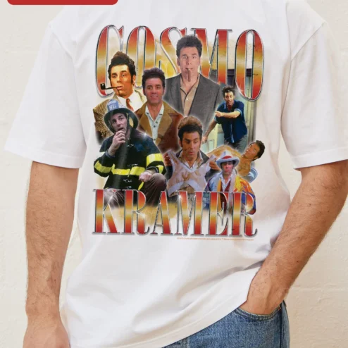 Customer in Chicago, Illinois wearing Cosmo Kramer Seinfeld Vintage Collage Graphic Tee for Men and Women