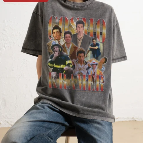 Cosmo Kramer Vintage Acid Wash Graphic Tee Seinfeld Pop Culture Gift on a hanger, ready to ship from Chicago, Illinois