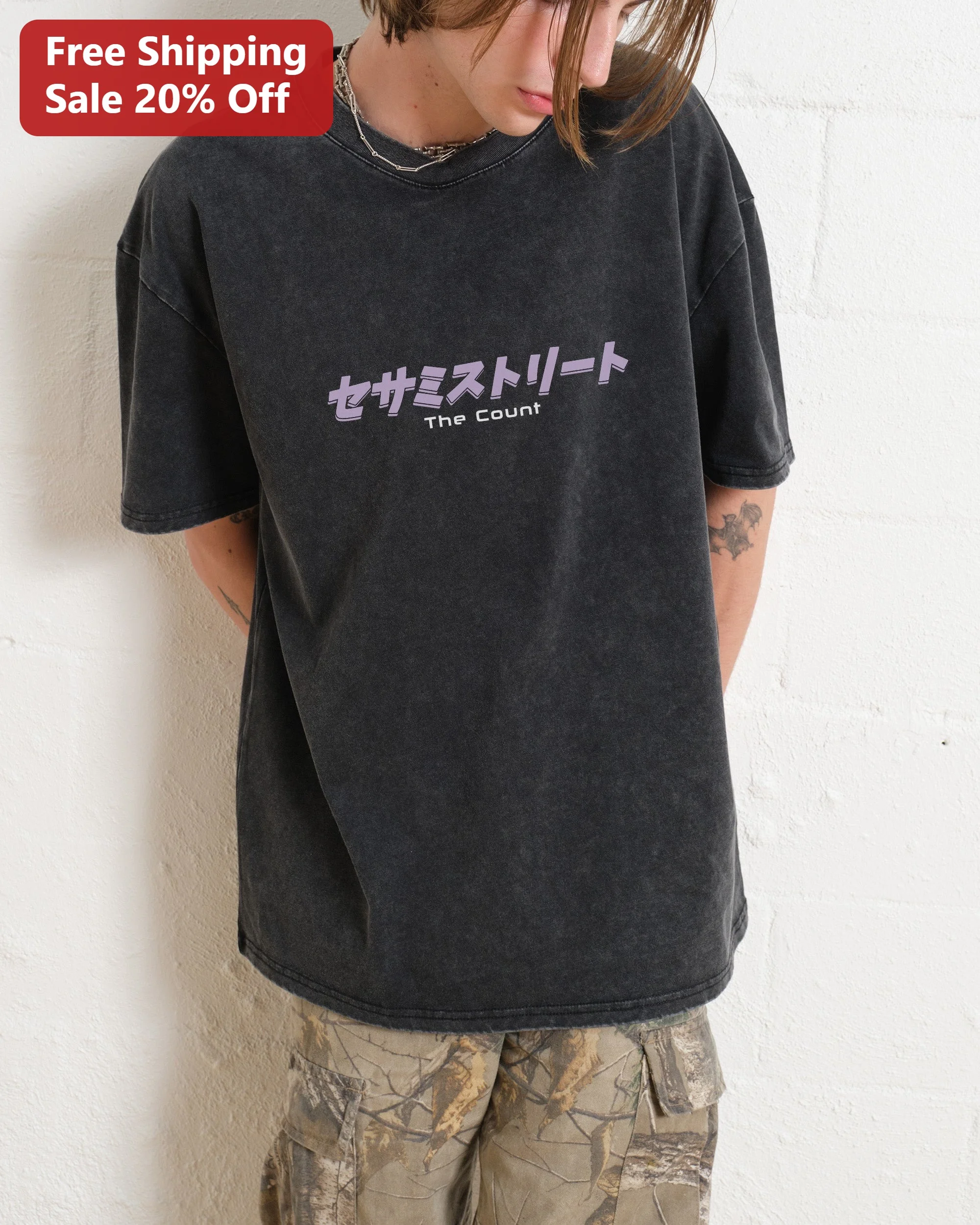 Count Von Count Sesame Street Acid Wash Oversized Tee Japanese Typography Graphic T-Shirt