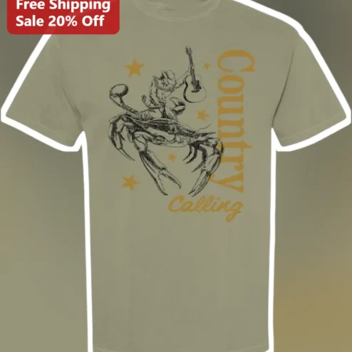 Country Calling Tee Funny Crayfish Cowboy Guitar Graphic T-Shirt Cajun Seafood Humor Gift
