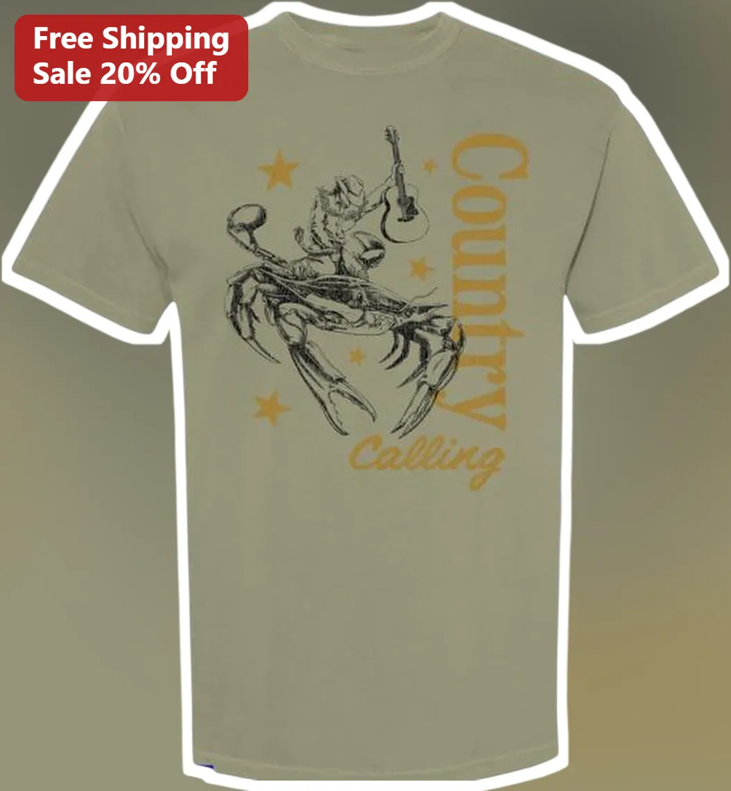 Country Calling Tee Funny Crayfish Cowboy Guitar Graphic T-Shirt Cajun Seafood Humor Gift
