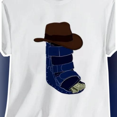 Cowboy Boot Cash Humor Tee Funny Medical Walking Boot Cartoon Graphic Shirt for Nurses and Injury Recovery Gift