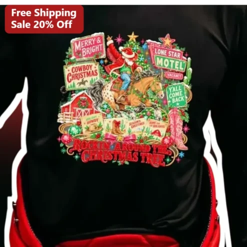 Cowboy Christmas Santa Claus Lone Star Motel Retro Western Holiday Tee