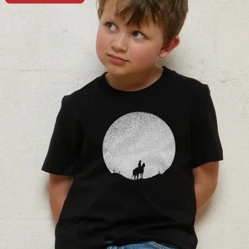 Cowboy Silhouette Moon Kids Tee Western Horse Rider Graphic Shirt for Boys Girls on a hanger, ready to ship from Chicago, Illinois