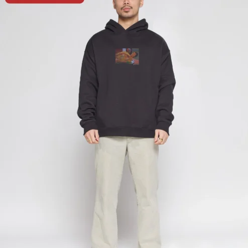 Customer in Chicago, Illinois wearing Cream Graphic Hoodie Retro Halftone Shirtless Man Art Print Cozy Fleece Pullover for Men