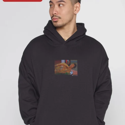 Close-up of Cream Graphic Hoodie Retro Halftone Shirtless Man Art Print Cozy Fleece Pullover for Men for streetwear fans in Chicago, Illinois