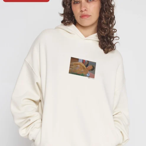 Cream Graphic Hoodie Retro Halftone Shirtless Man Art Print Cozy Fleece Pullover for Men