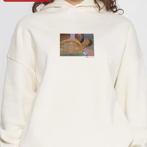 Customer in Chicago, Illinois wearing Cream Graphic Hoodie Retro Halftone Shirtless Man Art Print Cozy Fleece Pullover for Men