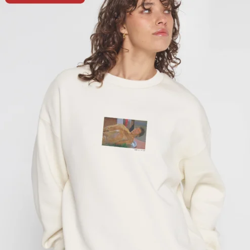 Cream Sweatshirt with Art Print Oversized Crewneck Fine Art Clothing for Women on a hanger, ready to ship from Chicago, Illinois