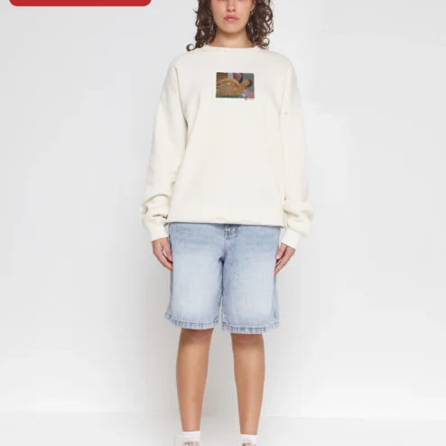 Cream Sweatshirt with Art Print Oversized Crewneck Fine Art Clothing for Women
