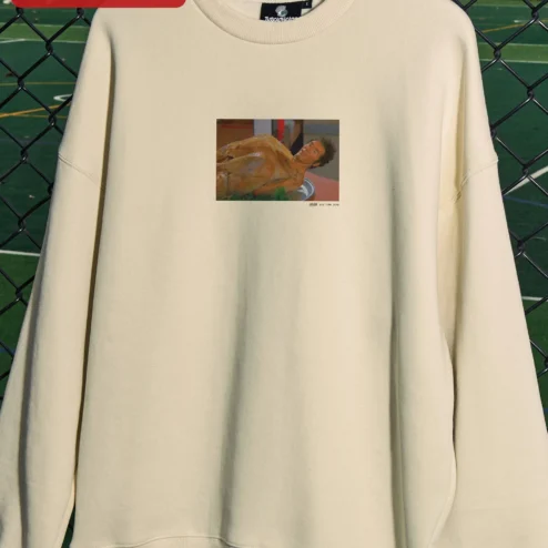 Customer in Chicago, Illinois wearing Cream Sweatshirt with Art Print Oversized Crewneck Fine Art Clothing for Women