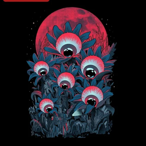 Creepy Eyeball Flowers Horror Illustration Tee Surreal Forest Night Hiking Graphic Shirt