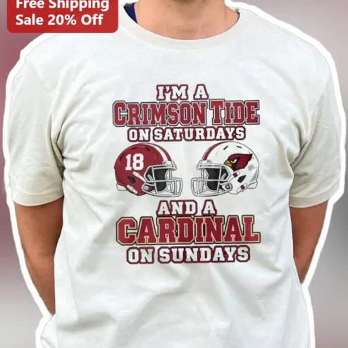 Crimson Tide on Saturdays and Cardinal on Sundays Football Fan Tee available at our Chicago, Illinois warehouse