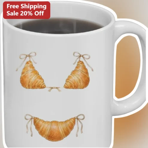 Croissant Bikini Funny Mug White Ceramic Novelty Coffee Cup Gift for Baker Foodie