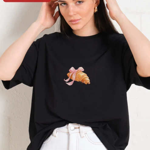 Croissant with Pink Bow Graphic Tee Cute French Pastry Shirt for Women