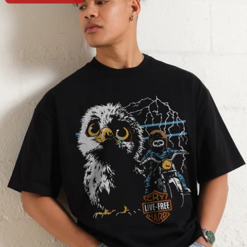 CRY LIVE-FREE HARD Oversized Tee Distressed Skeleton Biker Owl Graphic Unisex Vintage Rock Streetwea on a hanger, ready to ship from Chicago, Illinois