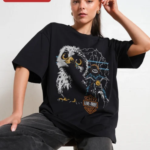 CRY LIVE-FREE HARD Oversized Tee Distressed Skeleton Biker Owl Graphic Unisex Vintage Rock Streetwear