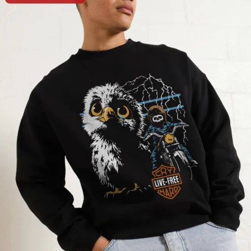 Cry Live Free Hard Sweatshirt Biker Owl Skeleton Graphic Crewneck for Women Men Unisex on a hanger, ready to ship from Chicago, Illinois
