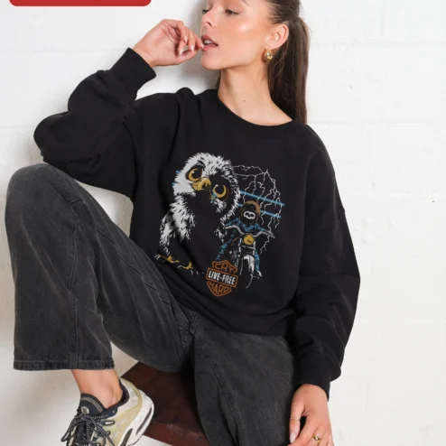 Cry Live Free Hard Sweatshirt Biker Owl Skeleton Graphic Crewneck for Women Men Unisex