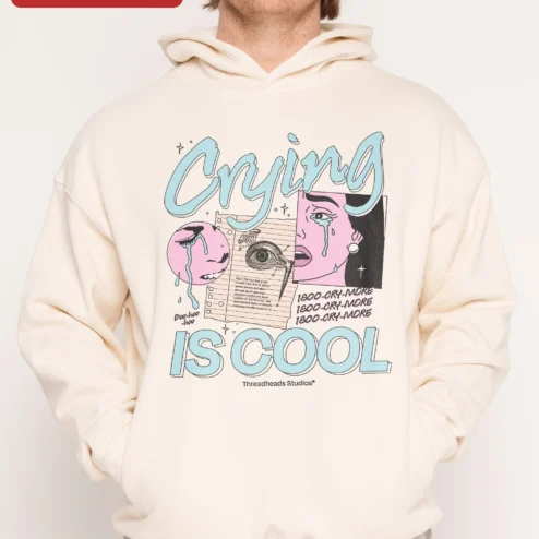 Crying IS COOL Hoodie Retro Y2K Sad Aesthetic Mental Health Awareness Streetwear Pullover for Women on a hanger, ready to ship from Chicago, Illinois