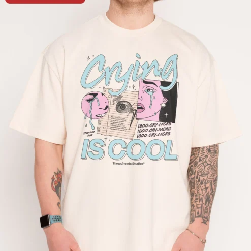 Customer in Chicago, Illinois wearing Crying Is Cool Tee Retro Collage Graphic Shirt for Gen Z Y2K Aesthetic