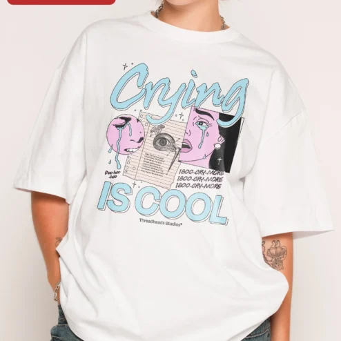 Close-up of Crying Is Cool Tee Retro Collage Graphic Shirt for Gen Z Y2K Aesthetic for streetwear fans in Chicago, Illinois