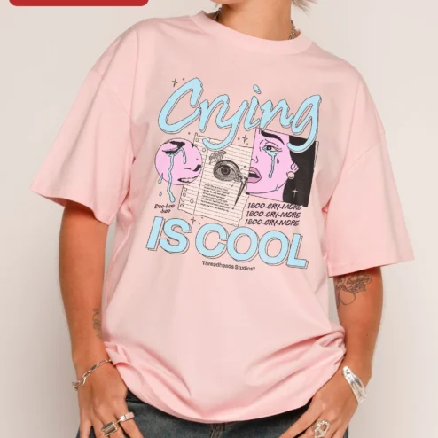 Customer in Chicago, Illinois wearing Crying IS COOL Tee Retro Collage Graphic T-Shirt Mental Health Awareness Gift for Gen Z