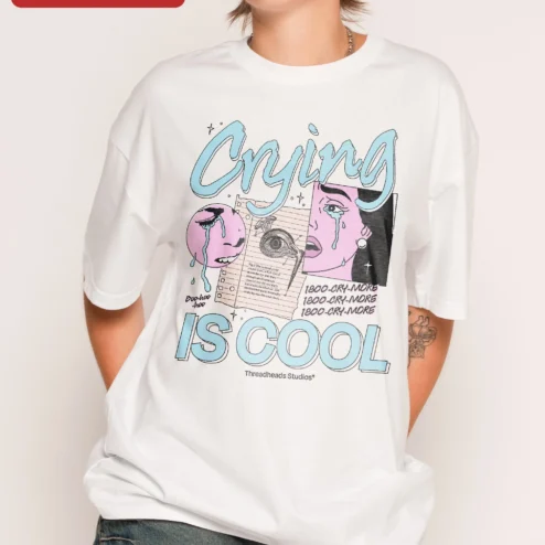 Close-up of Crying IS COOL Tee Retro Collage Graphic T-Shirt Mental Health Awareness Gift for Gen Z for streetwear fans in Chicago, Illinois