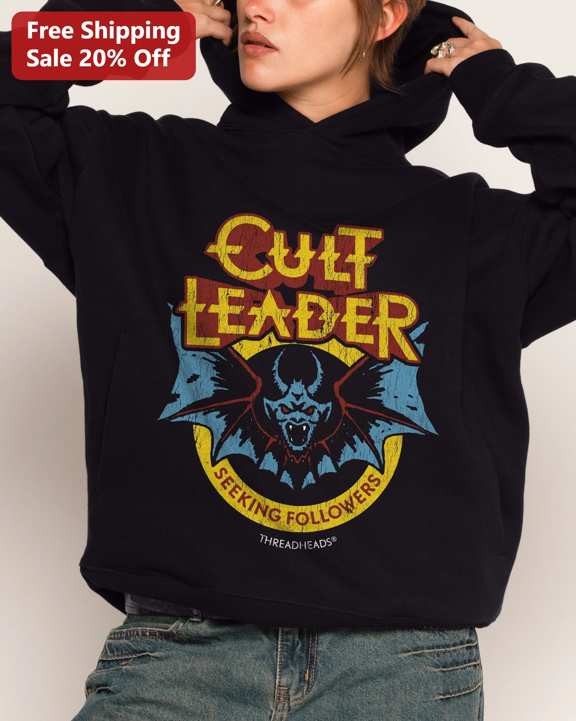 Cult Leader Seeking Followers Hoodie Dark Humor Vintage Band Style Distressed Demon Graphic Pullover
