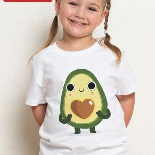 Cute Avocado Character Kids Cartoon Graphic Tee Toddler Fruit Shirt on a hanger, ready to ship from Chicago, Illinois