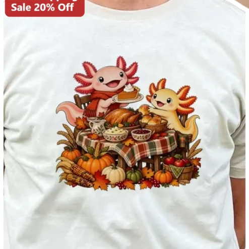 Cute Axolotl Thanksgiving Dinner Tee Kawaii Cartoon Amphibian Holiday Shirt for Reptile Lovers