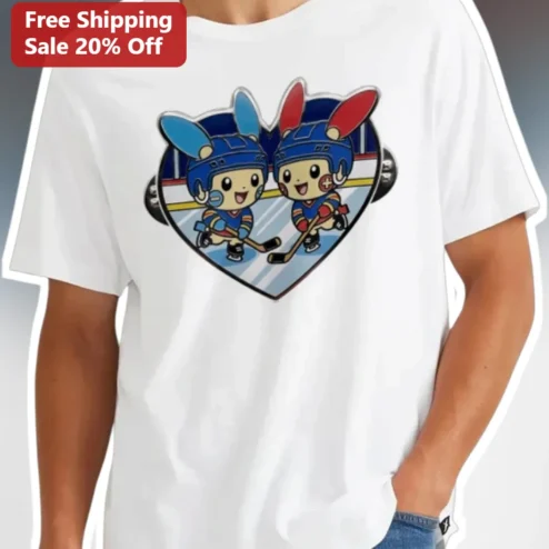 Cute Bunny Hockey Heart Graphic Tee Kawaii Ice Hockey Fan Gift for Women Men