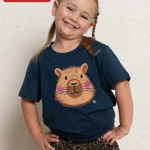 Customer in Chicago, Illinois wearing Cute Capybara Face Tee Kawaii Cartoon Graphic Shirt for Kids Animal Lovers Gift