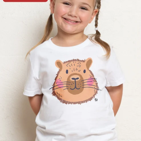 Close-up of Cute Capybara Face Tee Kawaii Cartoon Graphic Shirt for Kids Animal Lovers Gift for streetwear fans in Chicago, Illinois