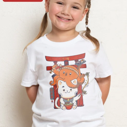 Cute Cat and Octopus Ramen Japan Kawaii Graphic Tee for Kids
